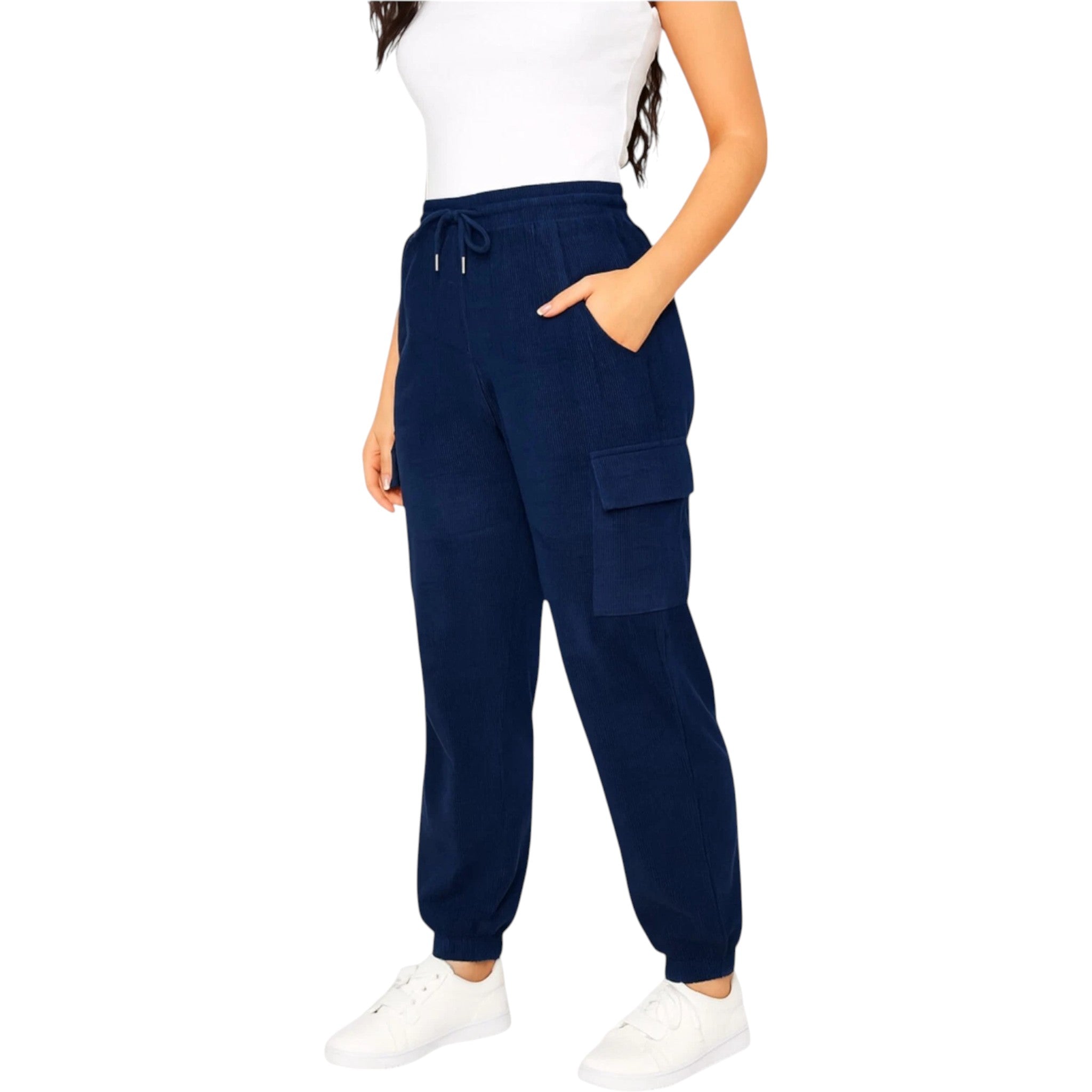 Ladies navy cord cargo joggers with pockets – casual relaxed fit trousers.